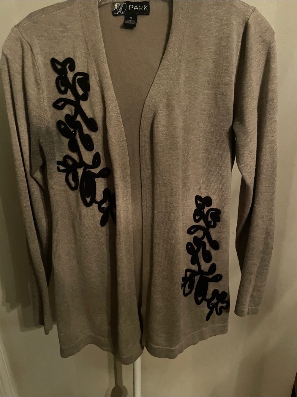 Taupe Open-Front Cardigan with Black Appliqué